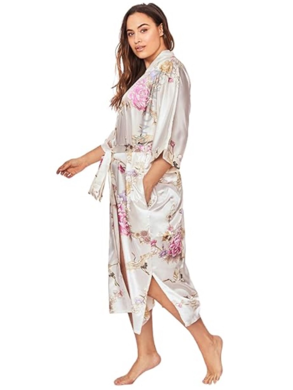 KIM+ONO Floral Kimono Robe in Ivory & Pink